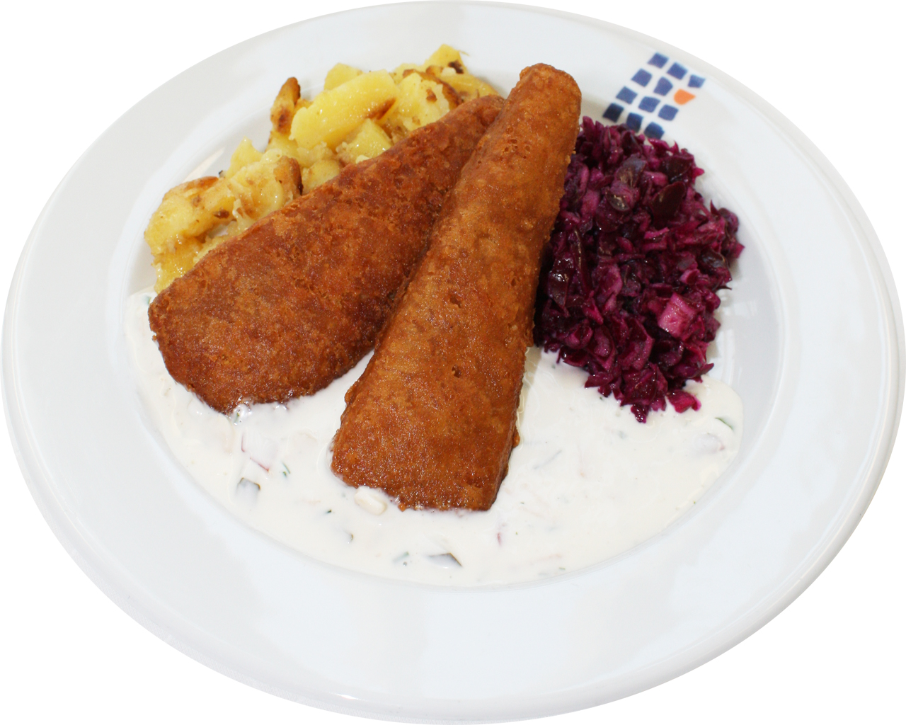 Backfisch mit Remouladensauce [15] dazu Röstkartoffeln und Rohkost