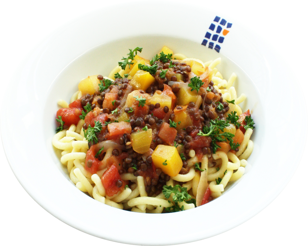 Pasta mit feurigem Tomaten-Mango-Ragout und Belugalinsen