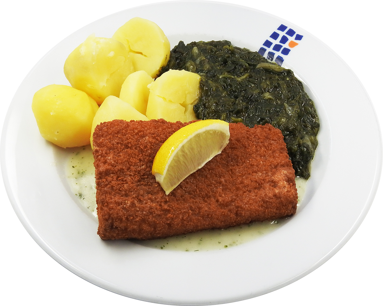 Paniertes Seelachsfilet mit Blattspinat und Salzkartoffeln