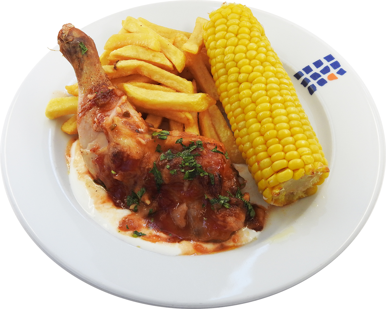 Hähnchenkeule mit Salsasauce, überbacken mit Käse (mensa_sides: Pommes Frites, Maisgemüse, (F,47,66))