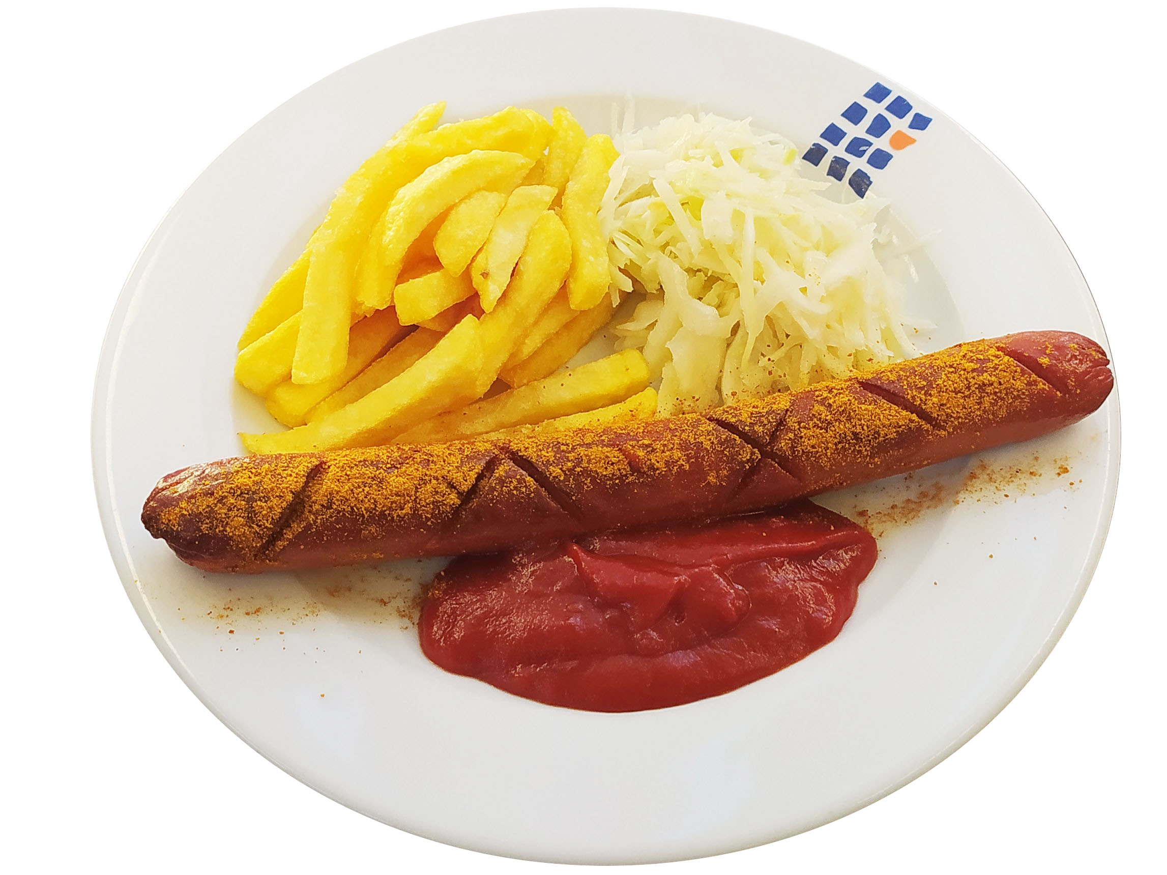 Geflügel-Currywurst mit Tomaten-Currysauce [15] und Krautsalat (Beilagen: Pommes Frites, Risi Bisi)