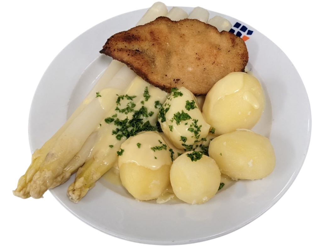 Frischer Spargel mit Hähnchenschnitzel und Sc. hollandaise dazu Kartoffeln