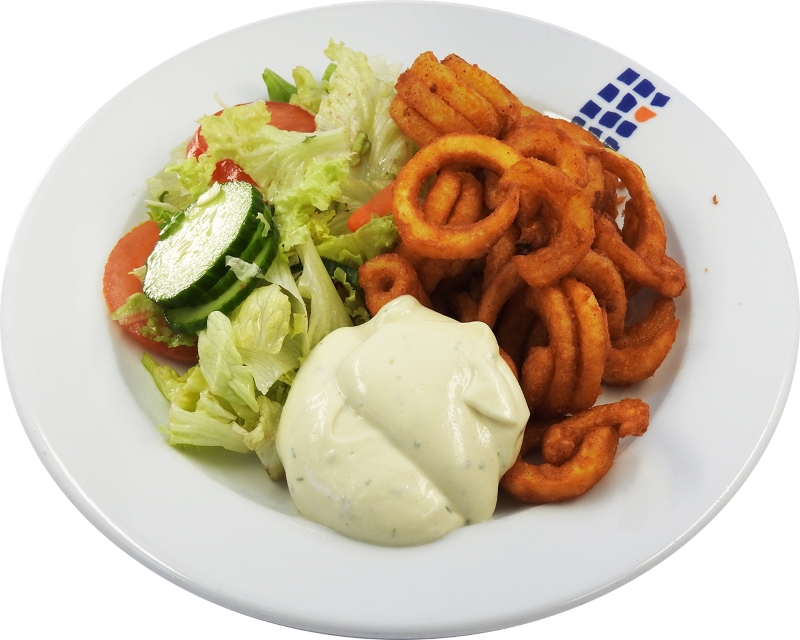 Twisterkartoffeln mit veganer Aioli dazu bunter Salat