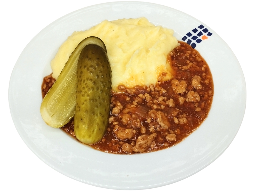 Hackfleischstippe mit Kartoffelpüree dazu Gewürzgurke [15]