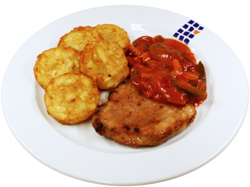 Schweinesteak nach Balkan Art [15] (mensa_sides: Pommes Frites, Butterreis (F), Brokkoli, Erbsengemüse)