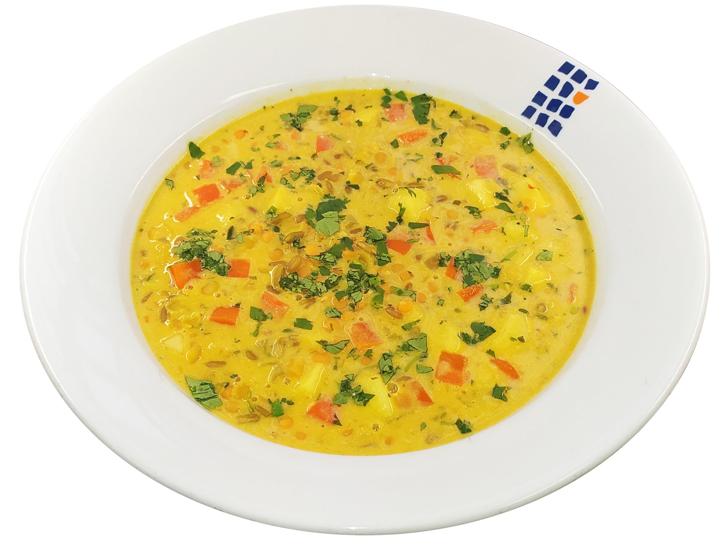 Rote Linsen-Grünkern-Curry mit Äpfeln und Karotten dazu Roggenbrötchen