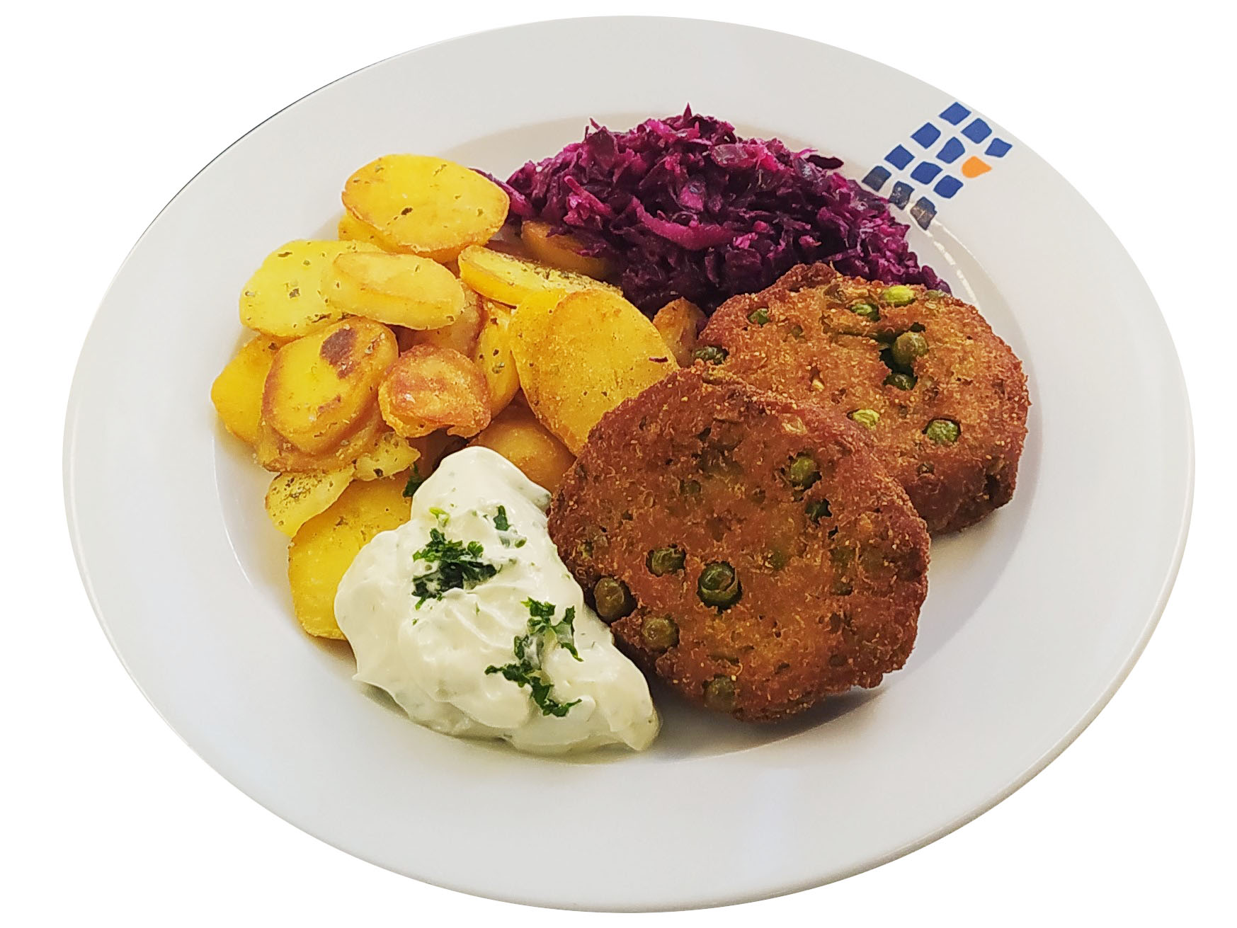 Quinoa-Erbsen-Frikadelle mit veganer Aioli, Bratkartoffeln und Rohkost