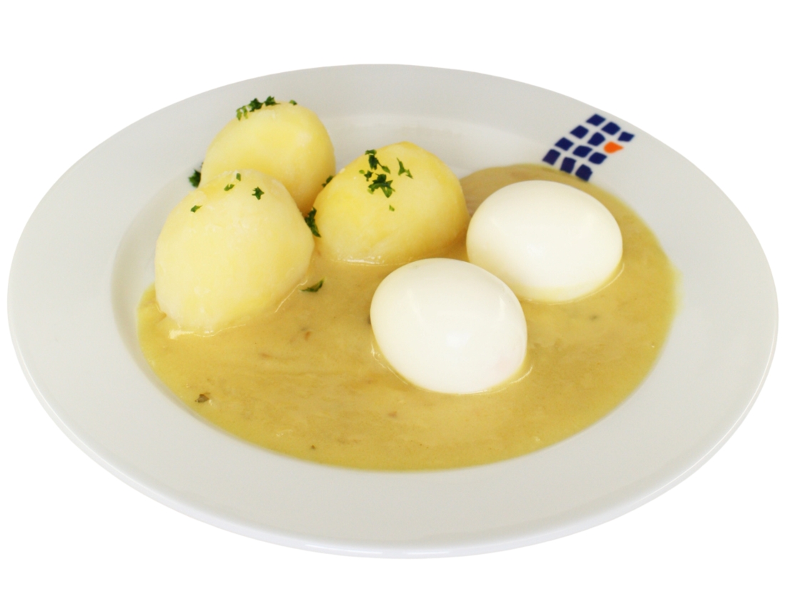 Gekochte Eier mit Senfsauce und Kartoffeln dazu Rohkost