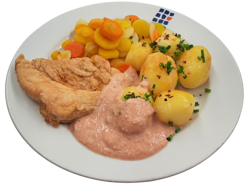 Hähnchenbrust mit Joghurt-Dip dazu Honig-Möhren und Chili-Kartoffeln