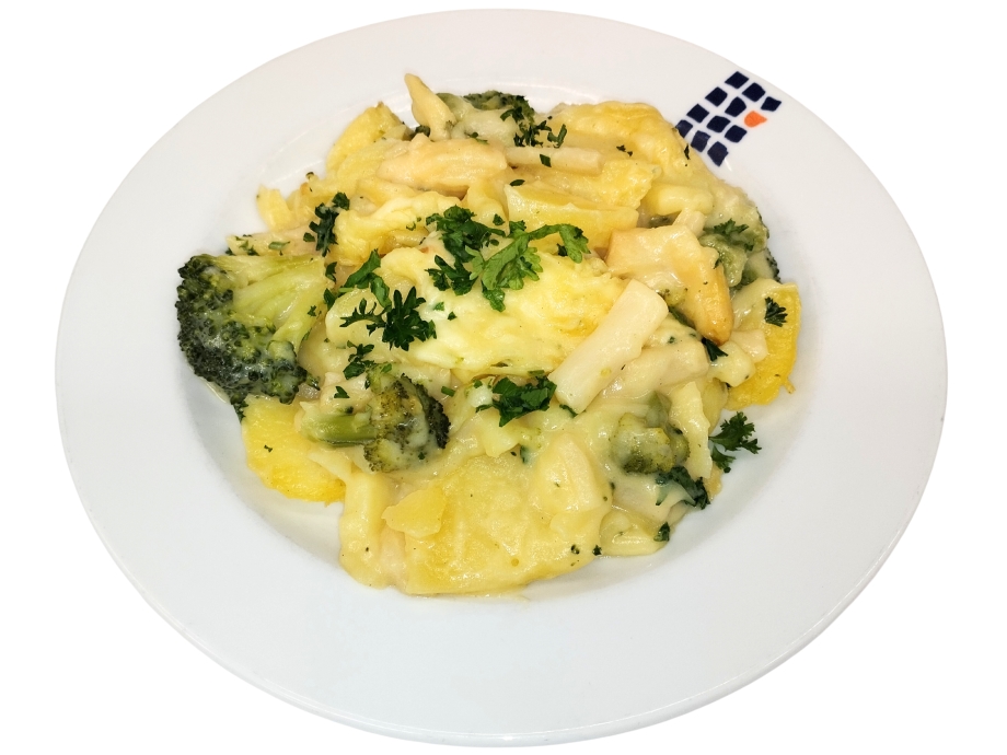 Kartoffelgratin mit frischem Spargel, Brokkoli und sc. hollandaise