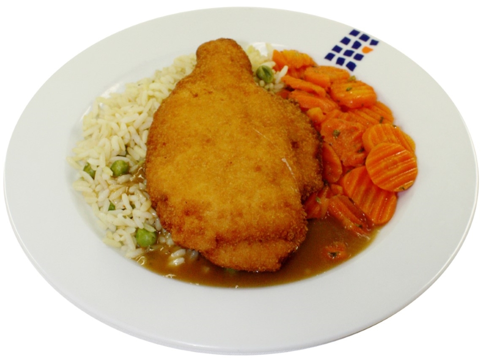 Hähnchenbrustfilet Cordon Bleu mit Bratensauce (mensa_sides: Pommes Frites, Risi Bisi, Leipziger Allerlei, Maisgemüse)