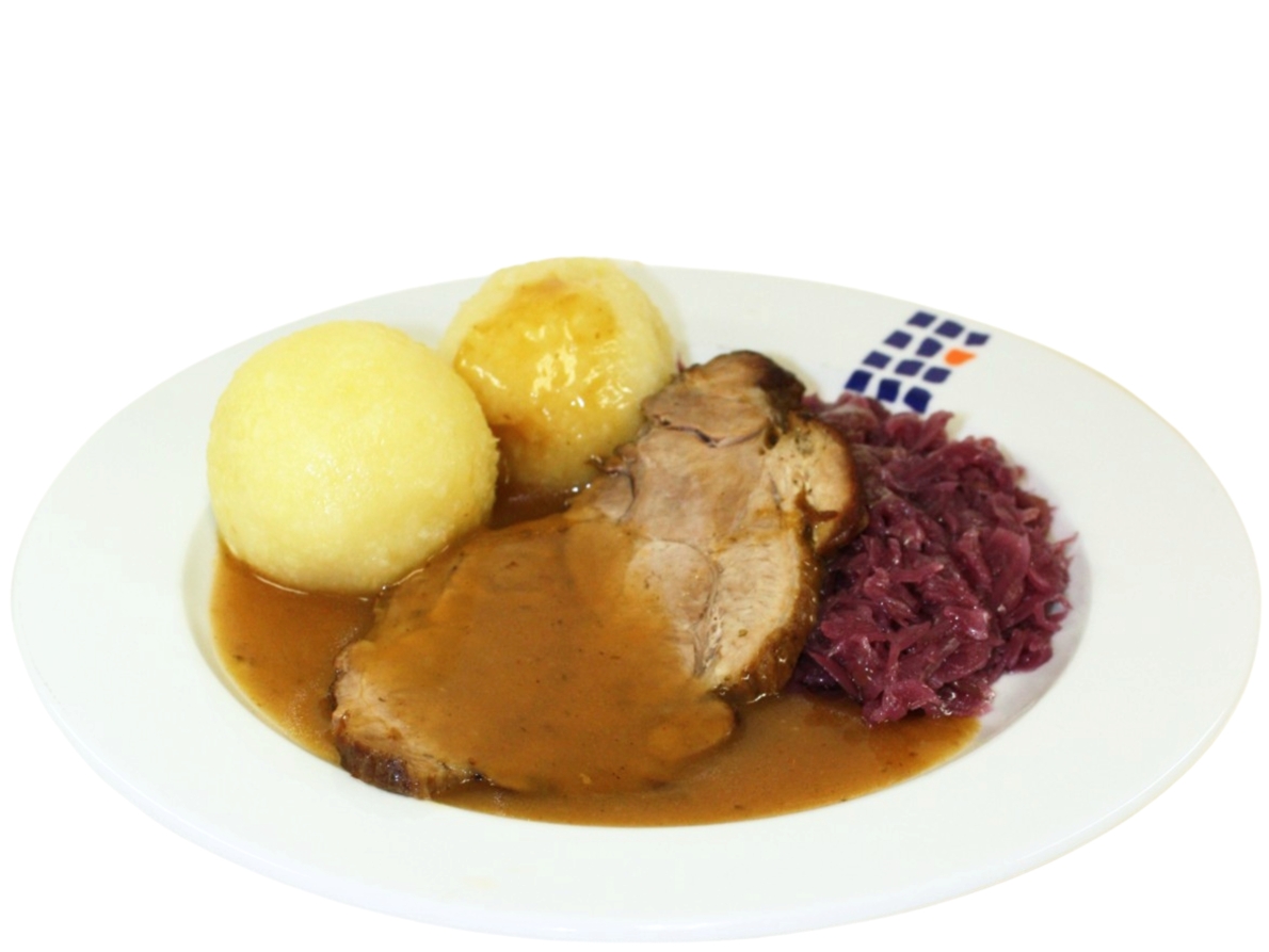 Deftiger Kräuterbraten vom Schwein mit Majoransauce (mensa_sides: Salzkartoffeln, Kartoffelklöße (3,K), Champignongemüse (1,F), Rotkohl [15] (15))